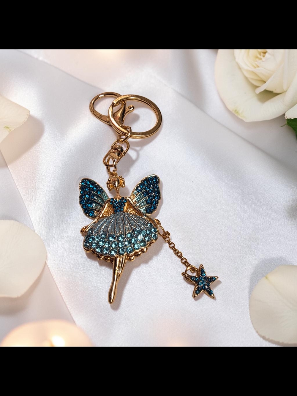 Gold-tone Blue Crystal Ballerina Keychain Charm